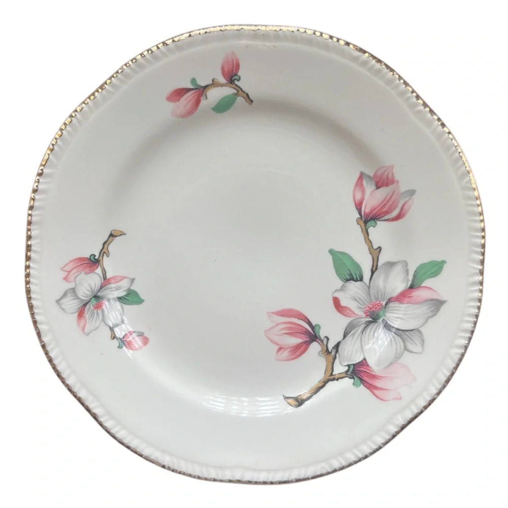 Homer Laughlin Dogwood Fine China Floral Plate Set Vintage Pink Gold Trim Pc Set